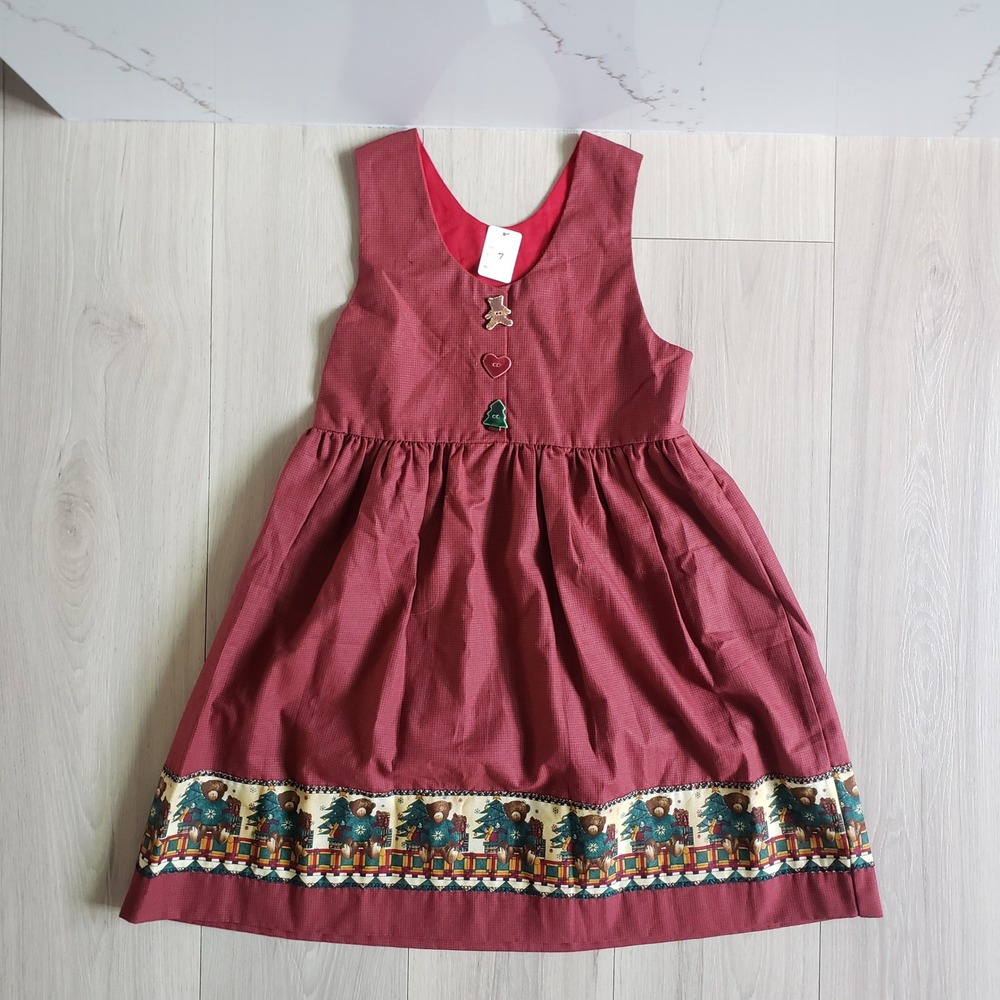 Vintage Jumper Dress Girls Size 7 Red Christmas Teddy Bear‎ Holiday Festive